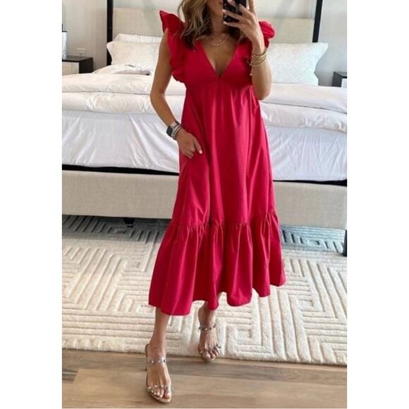 Abercrombie & Fitch Fluter Sleeve Tiered Dress M Pink - Picture 3 of 16